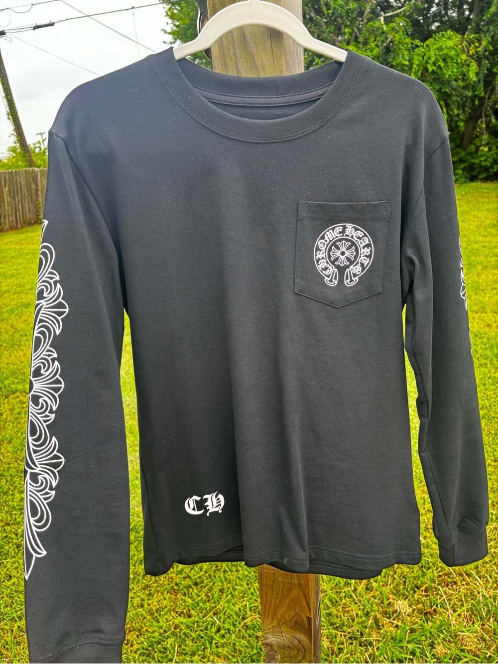 Men's Chrome Heart Black Long-Sleeve Pocket Tee with White Graphic
